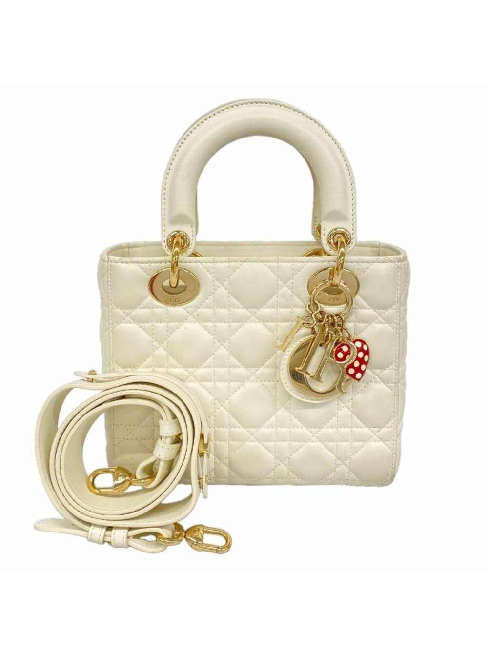 Dior Handbag Cannage Lady Leather White Champagne Gold 2-Way Bag
